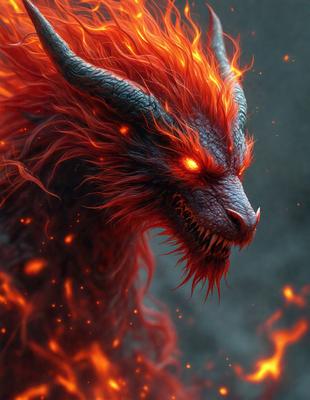 The primary subject of the image is a demonic creature with red hair and a fiery appearance. The creature is surrounded by flames, giving it a menacing and evil appearance. The setting is a dark, possibly demonic, environment, with the creature being the main focus of the image. The visual style is a digital art or illustration, with the demonic creature being the main subject and the flames surrounding it adding to the overall atmosphere.